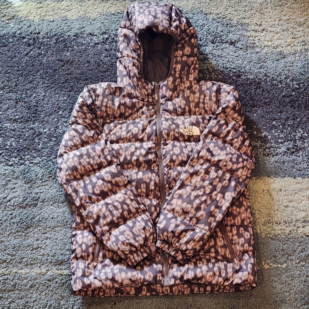 North Face Hyalite Reversible 550 Down Jacket Gray Leopard Print Girls Large
